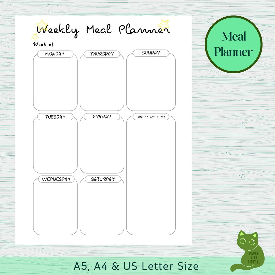 Minimalist Weekly Meal Planner Printable: Menu & Food Journal (A5, A4 ...
