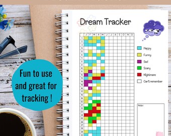 May include: A dream tracker journal with a grid for each day of the year. The grid is color-coded to track different types of dreams: happy, funny, sad, scary, nightmare, and can't remember. The journal also includes a space for notes.