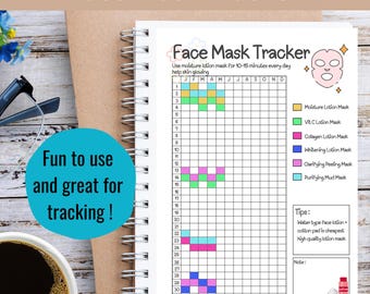 May include: A printable face mask tracker with a grid for each day of the month. The tracker includes a key with different colored squares representing different types of face masks: moisture lotion, vitamin C lotion, collagen lotion, whitening lotion, clarifying peeling, and purifying mud.