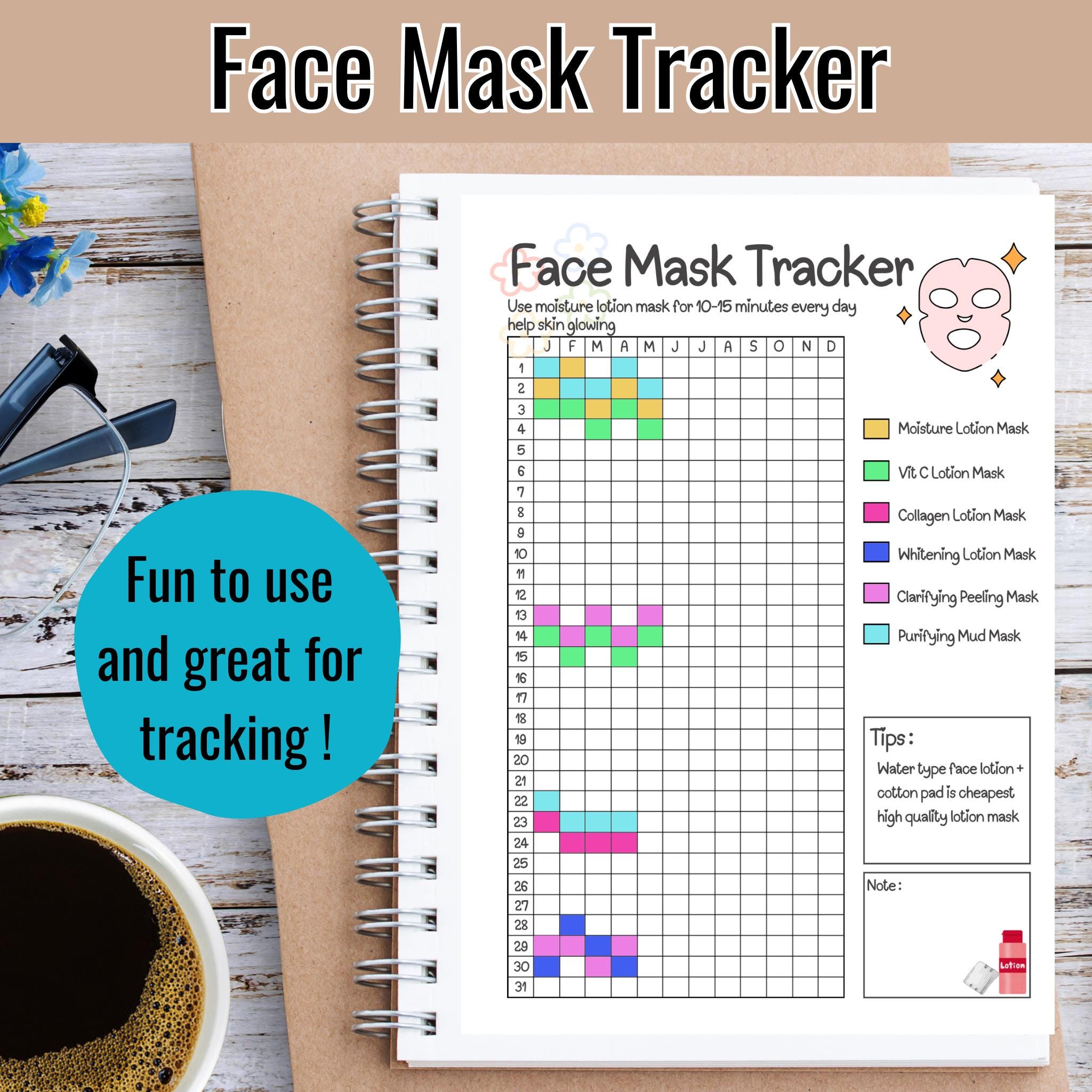 Mask Rackee Face Mask Tracker: Printable Skincare Routine Planner, Beauty and Self ...