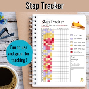 May include: A printable step tracker with a colourful grid to track steps taken each day of the month. The grid is colour-coded to indicate the number of steps taken, with different colours representing different step ranges. The tracker also includes a section for setting goals and notes.