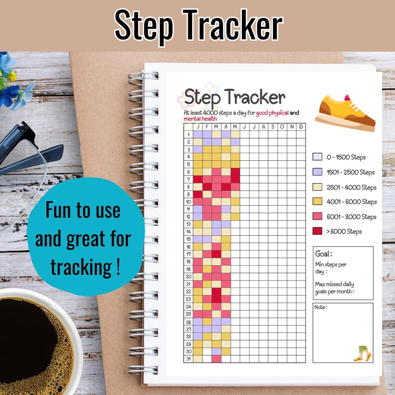 Step Rangs Daily Step Tracker: Printable Fitness Goal Planner, Exercise Journal ...