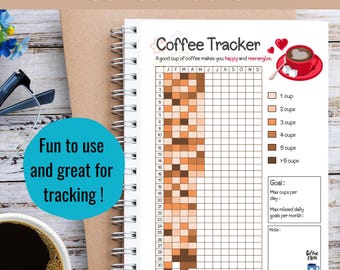 Puede incluir: Un rastreador de café imprimible con una cuadrícula de calendario para realizar un seguimiento del consumo diario de café. La cuadrícula está codificada por colores para indicar el número de tazas consumidas, de una a más de cinco. El rastreador incluye una sección para establecer objetivos y notas.
