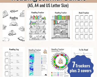 May include: A printable reading journal bundle with seven trackers and three covers. The trackers include a reading log, a book tracker, a reading tracker with a bookshelf, a reading tracker with a grid, and a reading tracker with a circle. The covers feature a bookshelf with books, a reading journal with a book, and a to-be-read list.