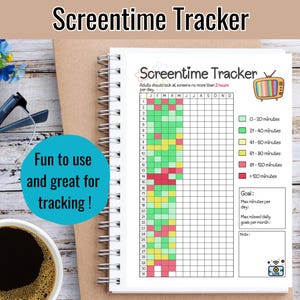 May include: A printable screentime tracker with a colourful grid to track daily screen time. The grid is divided into months and days, with different colours representing different screen time ranges. The tracker also includes a section for setting goals and notes.