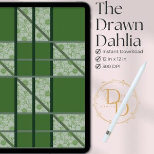 May include: A digital download of a green and white patterned digital paper with a floral design. The paper is 12 inches by 12 inches and 300 DPI. The text "The Drawn Dahlia" is in the upper right corner of the image.