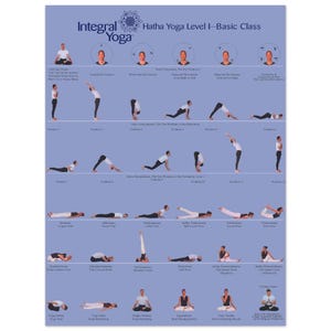 Puede incluir: Un póster azul y blanco con el título "Integral Yoga Hatha Yoga Level I - Basic Class". El póster muestra una serie de posturas de yoga con ilustraciones de personas en cada postura. Las posturas están etiquetadas con sus nombres y números.