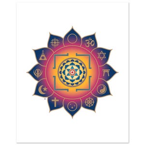 May include: A vibrant mandala print with a central geometric pattern and religious symbols. The artwork uses a palette of blues, purples, oranges, and yellows, creating a symbolic representation. The design is set against a white background.