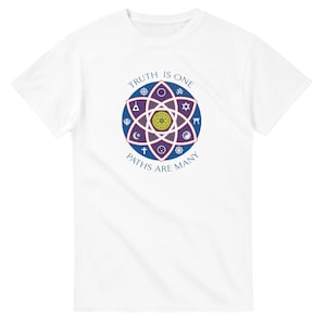 May include: White t-shirt with a graphic design of a circle with different religious symbols inside. The text "Truth is One, Paths are Many" is printed around the circle.