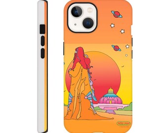 May include: Orange iPhone case with a psychedelic illustration of a woman standing in front of a pink and white building with a sunset in the background. The text "Peter Max" is at the bottom of the case.