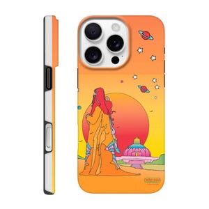 May include: A phone case with a sunset scene featuring a woman in a long orange dress, a dome-shaped building, and planets in the sky. The text "peter max" is at the bottom of the case.