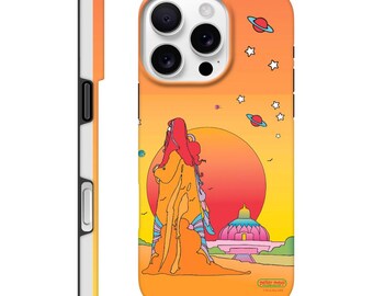 May include: A phone case with a sunset scene featuring a woman in a long orange dress, a dome-shaped building, and planets in the sky. The text "peter max" is at the bottom of the case.