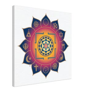 May include: A colorful mandala design with a central square and symbols representing different religions, including a cross, a star of David, a crescent moon, and a yin yang symbol. The mandala is surrounded by a lotus flower with 12 petals.