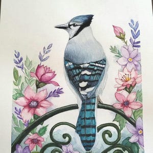 Original Watercolor, Floral, Blue Jay