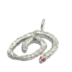 Handmade solid sterling silver 925 snake pendant with red enamel eyes | Solid Sterling Silver 925
