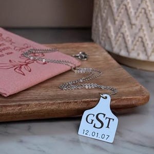 May include: A silver necklace with a tag pendant that reads "GST" and "12.01.07" in black text. The necklace rests on a wooden tray next to a pink pouch with text. A decorative plant in a patterned pot is in the background.