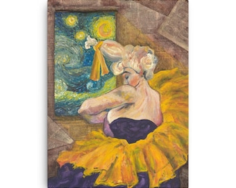 Puede incluir: Una pintura de una mujer con un vestido amarillo y morado, con un lazo amarillo en el pelo, mirando por una ventana. La ventana muestra un cielo nocturno estrellado.