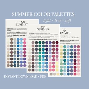 Puede incluir: Tres guías de paletas de colores para el verano, etiquetadas como "light", "true" y "soft". Cada guía presenta una colección de muestras de color en varios tonos. También se ve el texto "SUMMER COLOR PALETTES" y "INSTANT DOWNLOAD • PDF".
