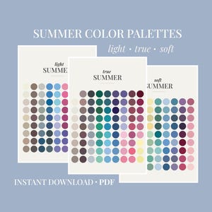 Może przedstawiać: Trzy wykresy palet kolorów z etykietami "light summer", "true summer" i "soft summer" na jasnoniebieskim tle. Każdy wykres wyświetla siatkę próbek kolorów w różnych odcieniach. Widoczny jest również tekst "Summer Color Palettes" i "Instant Download PDF".