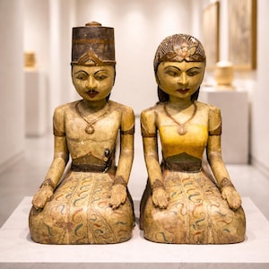 Antique Indonesian Loro Blonyo Statue Pair – Hand Carved Wooden Couple Sculpture | Traditional Javanese | Vintage Ethnographic Artifact