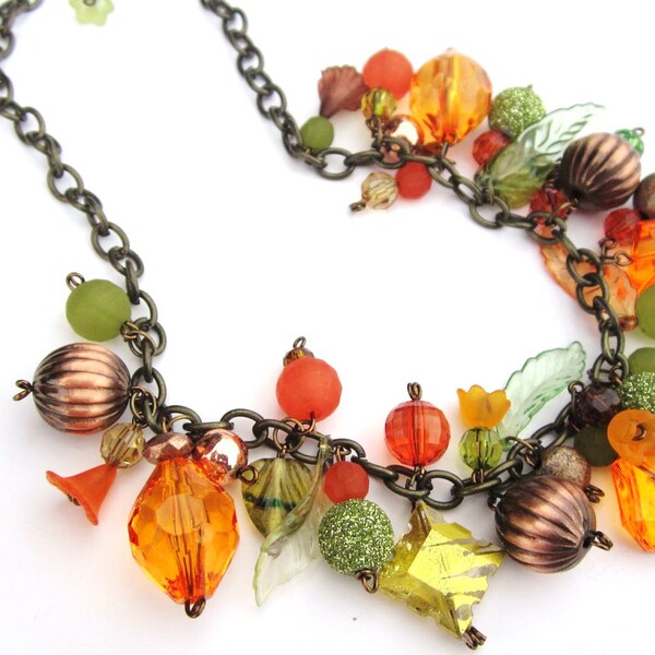 Fall Medley Necklace With FREE Earrings, fall, autumn, flowers, leaves, orange, green, copper