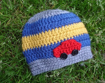 Baby / Toddler / ChildHat in Gray, Blue, Yellow with Car Applique