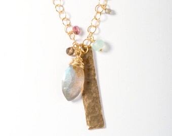 Gemstone Cluster Necklace, Cluster Necklace, Gemstone Jewelry, Gold Necklace, Hammered Bar Necklace, Multi Gemstone Necklace, Colorful