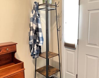 Wood & Metal Hall Tree: Freestanding Coat Rack with Shelves