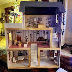 Large Wooden 3-Story Dollhouse | Handmade Dollhouse | Dollhouse Miniatures | Modern Dollhouse | Dollhouse Furniture | Gift for Kids