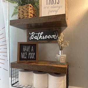 Set of 2 Wooden Bathroom Shelves With Bathroom Sign | Toilet Paper Storage | Over Toilet Storage | Bathroom Storage | Bathroom Organizer
