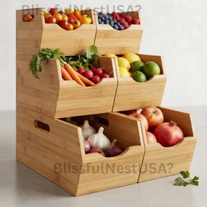 May include: A three-tiered bamboo storage bin organizer with six open-front compartments filled with fresh produce including tomatoes, berries, carrots, radishes, lemons, limes, garlic, apples, and pomegranates. The text BlissfulNestUSA? is visible.