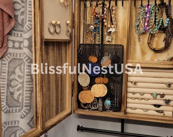 Rustic Wooden Wall Mounted Jewelry Organizer | Storage Cabinet