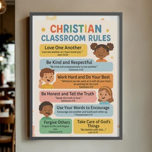May include: Framed poster with the text "CHRISTIAN CLASSROOM RULES" and illustrations. The rules include "Love One Another," "Be Kind and Respectful," and "Work Hard and Do Your Best." The poster is in a gray frame and is displayed on a wall.