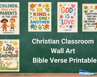 Christian Classroom Wall Art |Christian Wall Art Set of 5, KIDS Room Decor Bible Verse Prints,  Nursery Scripture Art, Sunday School decor.