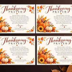 Könnte beinhalten: Vier identische rechteckige Karten mit dem Text A Thanksgiving Prayer, gefolgt von einem religiösen Vers, verziert mit Illustrationen von orangefarbenen und weißen Kürbissen, Sonnenblumen, Weizenähren und Herbstblättern in Rot- und Goldtönen.