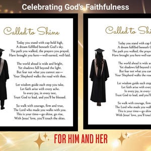 May include: Two framed graduation prints with the text "Called to Shine" and a poem. One print features a person in a graduation gown, the other a person in a graduation gown. The bottom of the prints read "FOR HIM AND HER".
