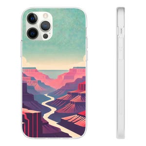 May include: A clear phone case with a colorful illustration of the Grand Canyon. The case features a vibrant sunset sky and a winding river flowing through the canyon.