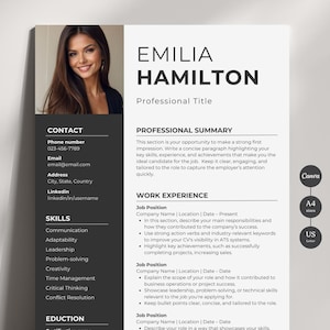 Può includere: Un modello di curriculum vitae in bianco e nero con una foto professionale di una donna. Il curriculum include sezioni per informazioni di contatto, competenze, esperienza lavorativa, istruzione e un riepilogo professionale.