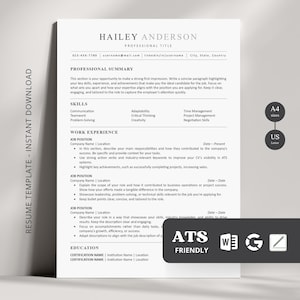 Peut inclure: Un modèle de CV noir et blanc avec le titre "HAILEY ANDERSON" en haut. Le modèle comprend des sections pour le résumé professionnel, les compétences, l'expérience professionnelle et la formation. Le modèle est compatible ATS et comprend des icônes pour Word, Google Docs et un crayon.