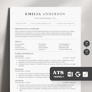 以下が含まれることがあります： 黒と白の履歴書テンプレートで、上部にエミリア・アンダーソンの名前が記載されています。履歴書には、自己紹介、スキル、職務経歴、職務内容が記載されています。履歴書は、モダンでシンプルなデザインでフォーマットされています。