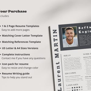 May include: A black and white resume template with a photo of a man in the upper right corner. The text "Laurent MARTIN" is in a large font on the left side of the page. The text "Software Engineer" is in a large font at the top of the page. The resume includes sections for skills, work experience, education, and languages.