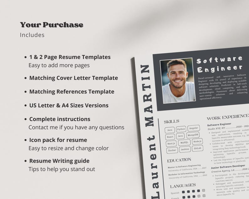 May include: A black and white resume template with a photo of a man in the upper right corner. The text "Laurent MARTIN" is in a large font on the left side of the page. The text "Software Engineer" is in a large font at the top of the page. The resume includes sections for skills, work experience, education, and languages.