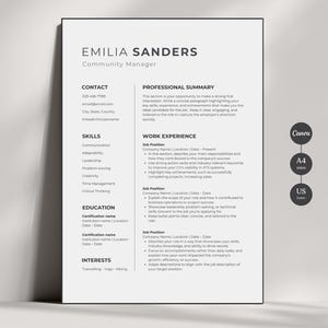 Może przedstawiać: Czarno-biały szablon CV z nazwą Emilia Sanders na g&oacute;rze. CV zawiera sekcje dotyczące informacji kontaktowych, podsumowania zawodowego, umiejętności, doświadczenia zawodowego, wykształcenia i zainteresowań. CV jest sformatowane w czystym i nowoczesnym stylu.