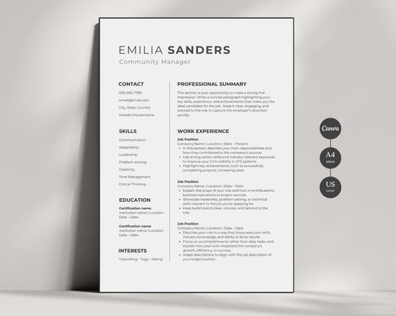 Minimal Resume Template Canva, Professional Resume Template, Cv Template, Modern CV Template, Simple Resume without photo, Creative Resume