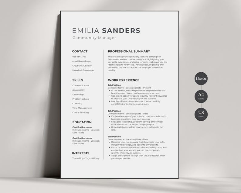 Może przedstawiać: Czarno-biały szablon CV z nazwą Emilia Sanders na g&oacute;rze. CV zawiera sekcje dotyczące informacji kontaktowych, podsumowania zawodowego, umiejętności, doświadczenia zawodowego, wykształcenia i zainteresowań. CV jest sformatowane w czystym i nowoczesnym stylu.