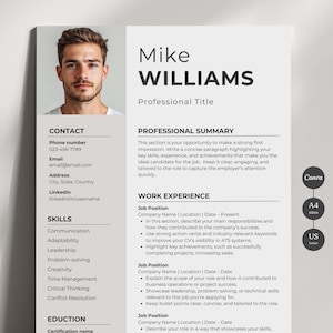 Peut inclure: Un modèle de CV en noir et blanc avec une photo professionnelle d'un homme. Le CV comprend des sections pour les coordonnées, les compétences, l'expérience professionnelle, la formation et un résumé professionnel.