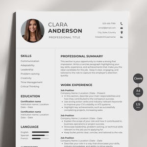 Peut inclure: Un modèle de CV en noir et blanc avec une photo professionnelle d'une femme. Le CV comprend des sections pour les compétences, l'éducation, l'expérience professionnelle et la maîtrise des langues. Le texte "CLARA ANDERSON" est en haut de la page.