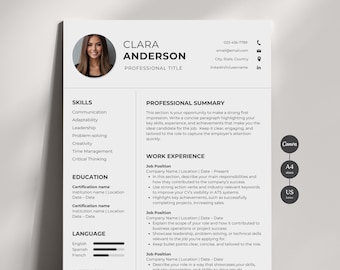 Puede incluir: Una plantilla de currículum en blanco y negro con una foto profesional de una mujer. El currículum incluye secciones para habilidades, educación, experiencia laboral y dominio del idioma. El texto "CLARA ANDERSON" está en la parte superior de la página.