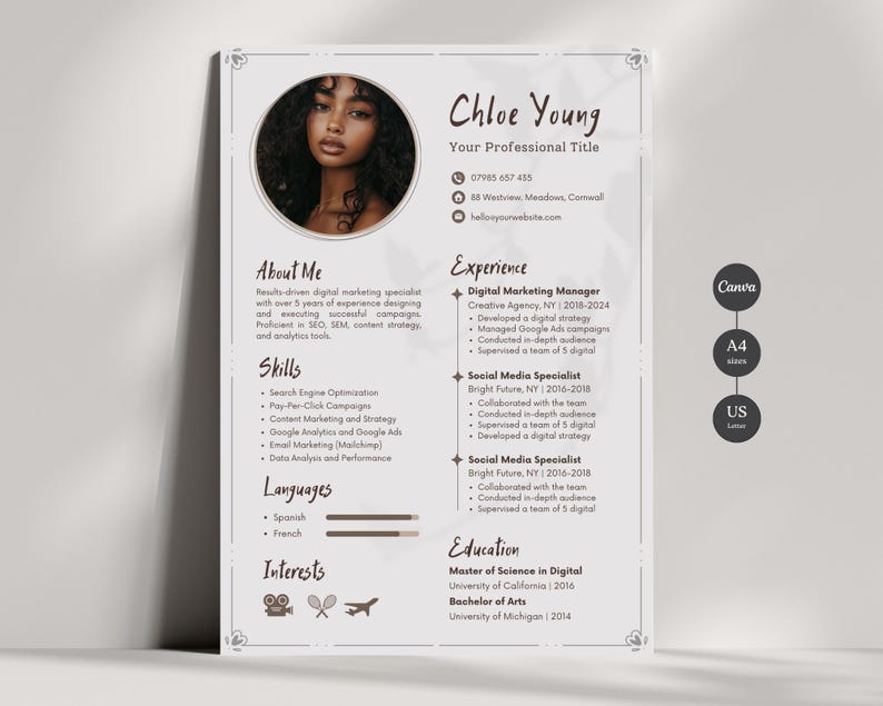 Aesthetic Resume Professional, Professional CV Template Canva, Resume with Cover Letter, Modern Cv Resume with Photo, Instant Download image 1