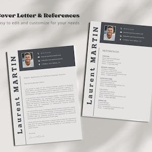 May include: A black and white cover letter and references page with a photo of a man at the top. The text "Laurent MARTIN" is repeated in a large font on both pages. The cover letter is titled "Application for Software Engineer Position". The references page lists the names, titles, and contact information for four individuals.